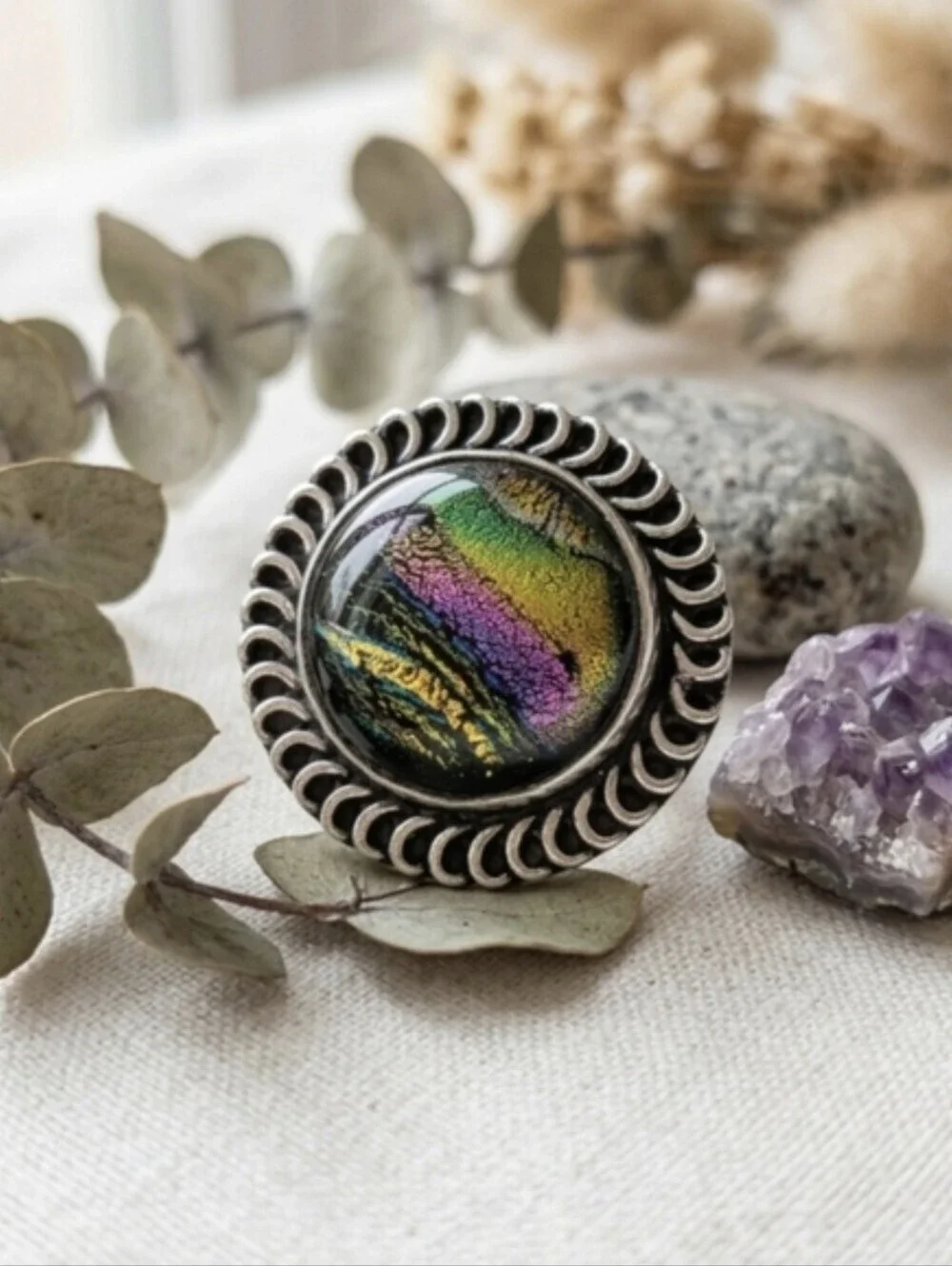 925 Sterling Silver Artisanal Rainbow Dichroic Glass Statement Ring Size 9